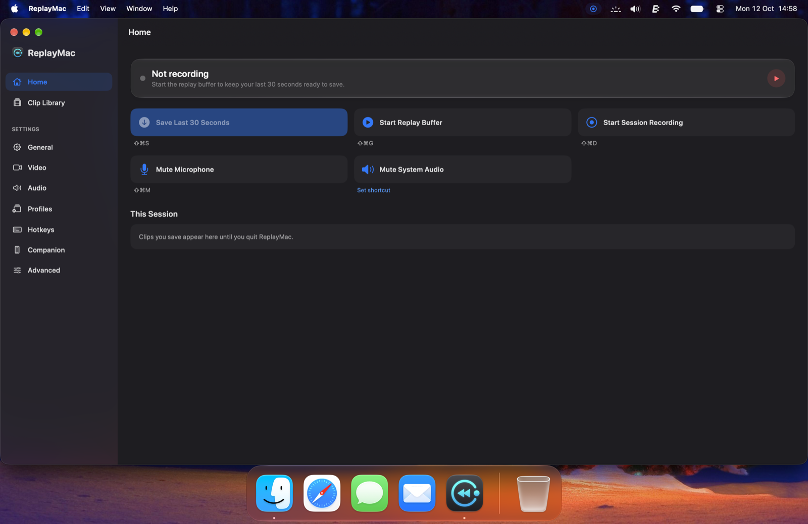 ReplayMac Home control centre window