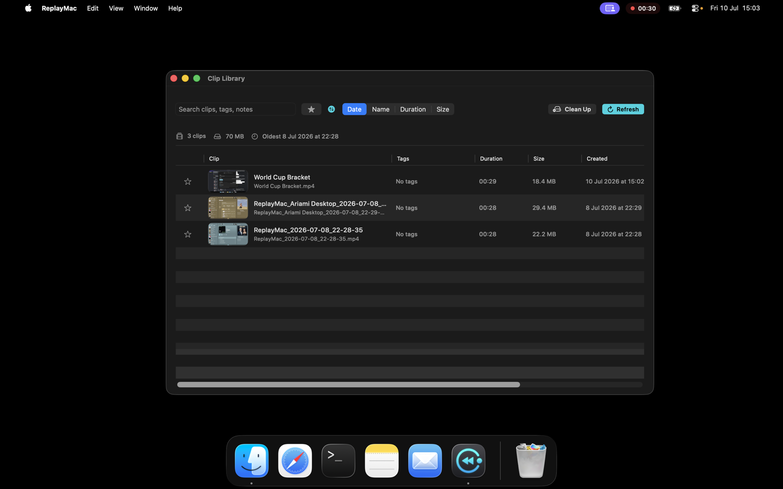 ReplayMac clip library window