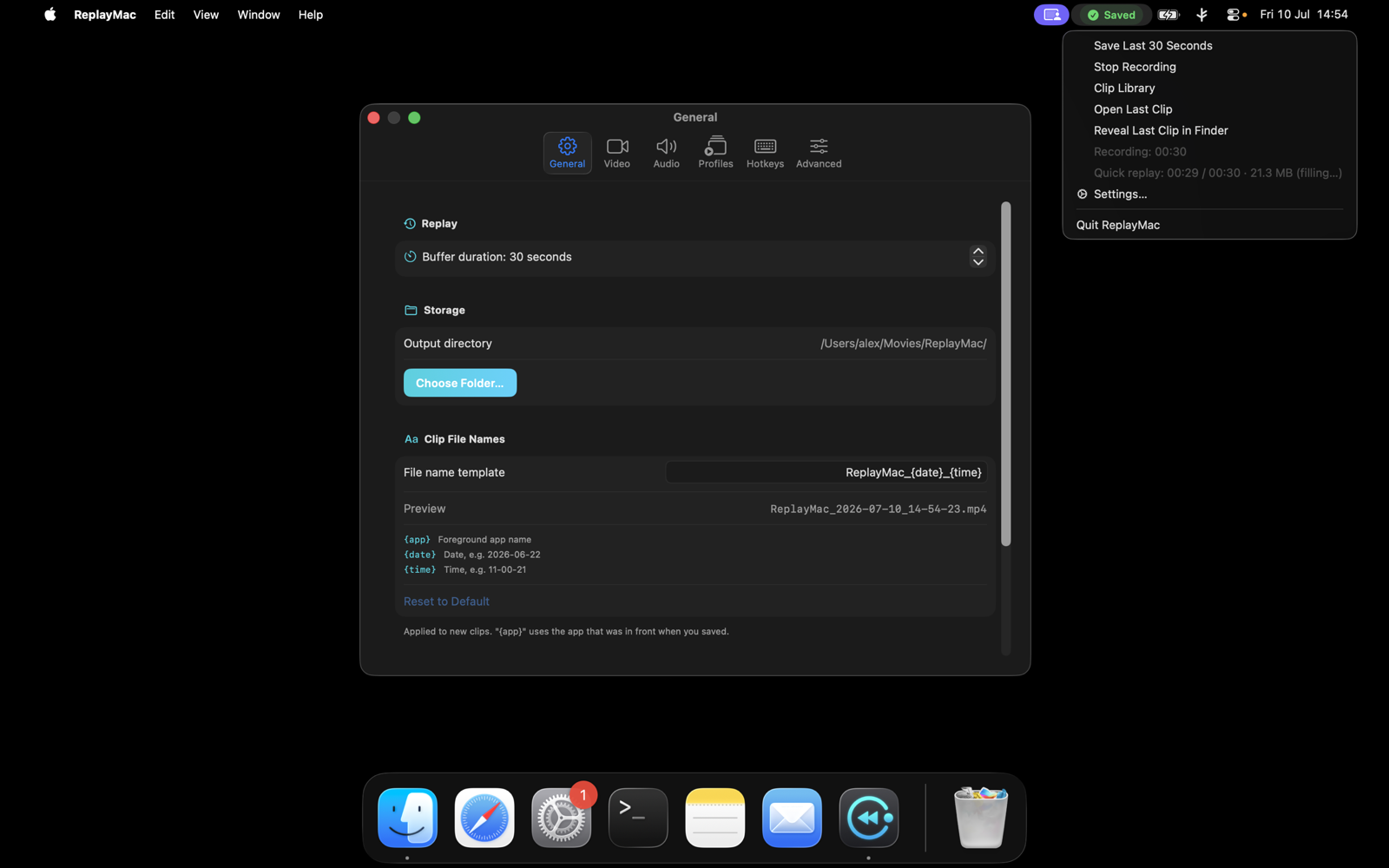 ReplayMac in the macOS menu bar, a clip just saved retroactively