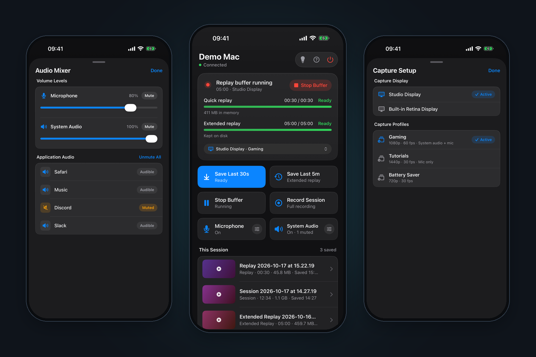 ReplayCap Companion on iPhone: the Audio Mixer, the Home screen with live buffer meters, controls and session clips, and Capture Setup